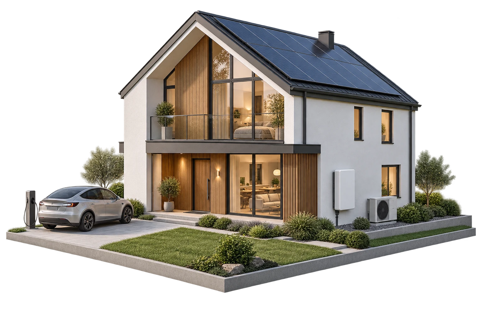 Architectural concept of a solar-powered home, with an electric vehicle, battery and heat pump